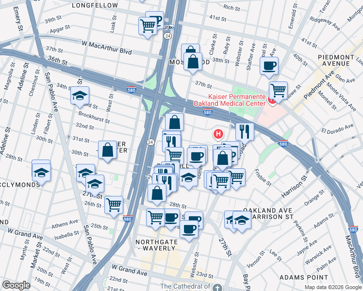 map of restaurants, bars, coffee shops, grocery stores, and more near 3200 Telegraph Avenue in Oakland