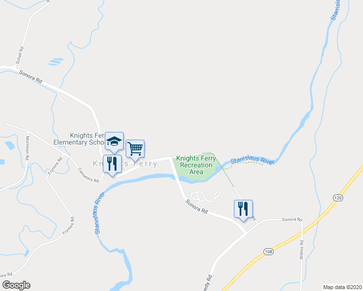 map of restaurants, bars, coffee shops, grocery stores, and more near 17957 Covered Bridge Road in Knights Ferry