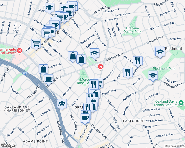 map of restaurants, bars, coffee shops, grocery stores, and more near 235 Sunnyside Avenue in Piedmont