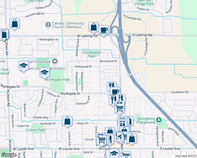 map of restaurants, bars, coffee shops, grocery stores, and more near 1645 Crestwood Avenue in Manteca