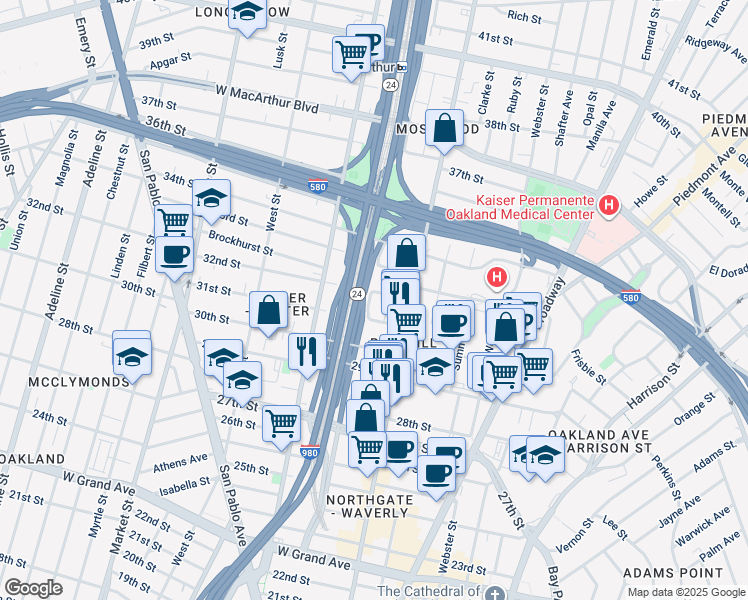 map of restaurants, bars, coffee shops, grocery stores, and more near 537 32nd Street in Oakland