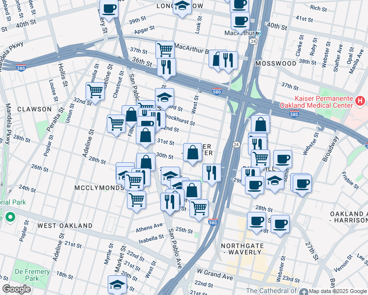 map of restaurants, bars, coffee shops, grocery stores, and more near 819 31st Street in Oakland