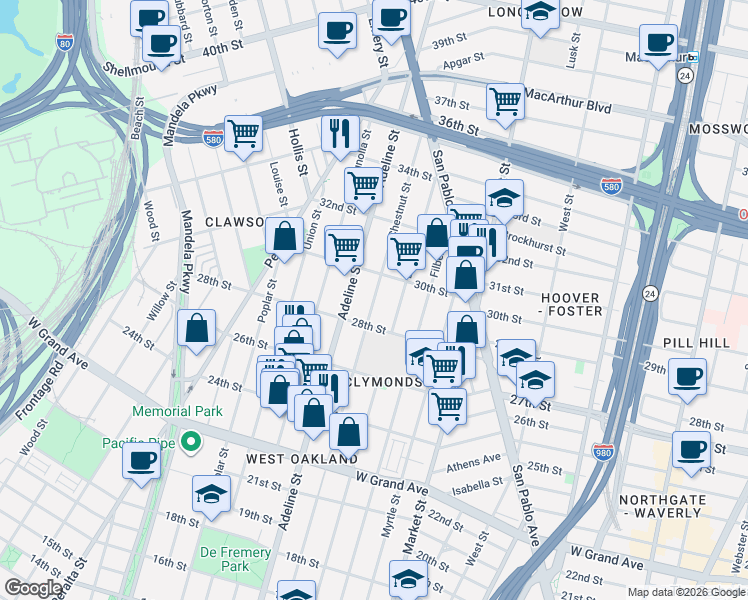 map of restaurants, bars, coffee shops, grocery stores, and more near 2842 Adeline Street in Oakland