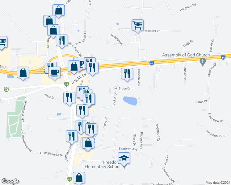 map of restaurants, bars, coffee shops, grocery stores, and more near 176 Vickie Lynn Lane in Saint Robert