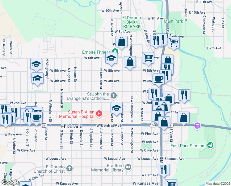 map of restaurants, bars, coffee shops, grocery stores, and more near 521 West 3rd Avenue in El Dorado
