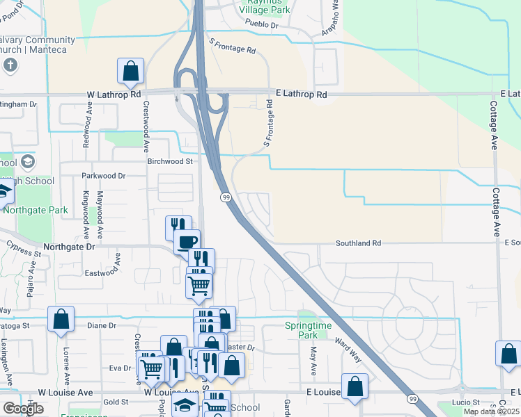 map of restaurants, bars, coffee shops, grocery stores, and more near 1624 California 99 in Manteca
