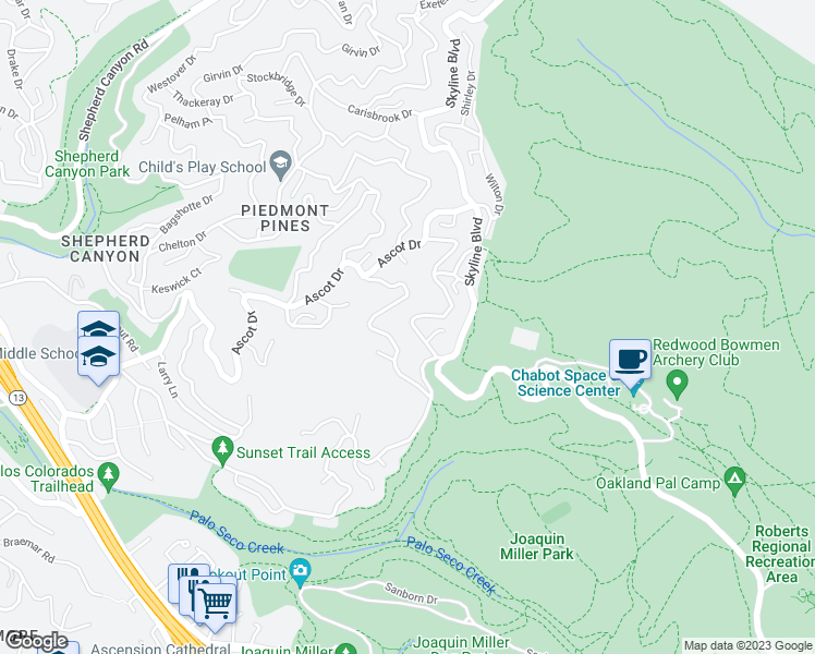 map of restaurants, bars, coffee shops, grocery stores, and more near 6261 Melville Drive in Oakland
