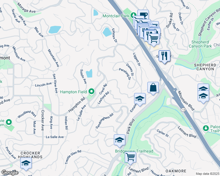map of restaurants, bars, coffee shops, grocery stores, and more near 99 Lexford Road in Piedmont