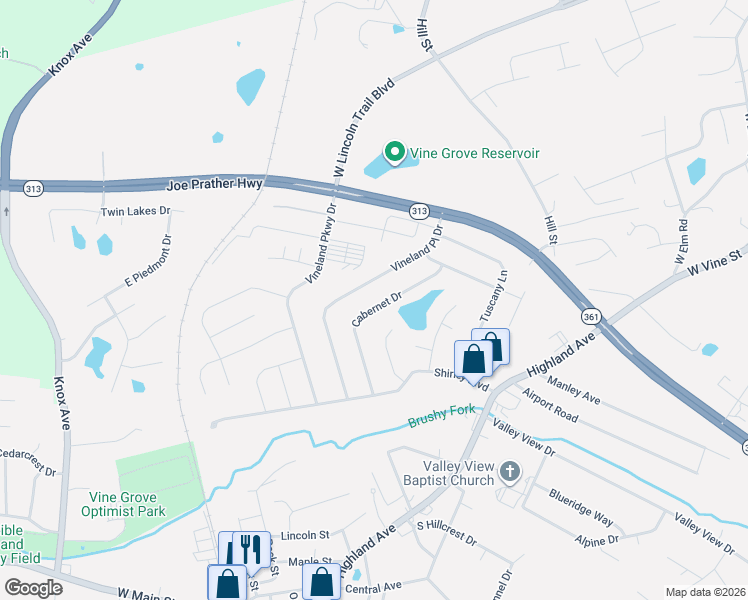 map of restaurants, bars, coffee shops, grocery stores, and more near 328 Vineland Place Drive in Vine Grove