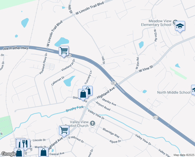 map of restaurants, bars, coffee shops, grocery stores, and more near 108 Burgundy Court in Vine Grove