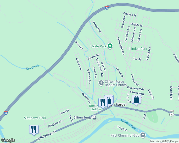 map of restaurants, bars, coffee shops, grocery stores, and more near 708 Brussels Avenue in Clifton Forge
