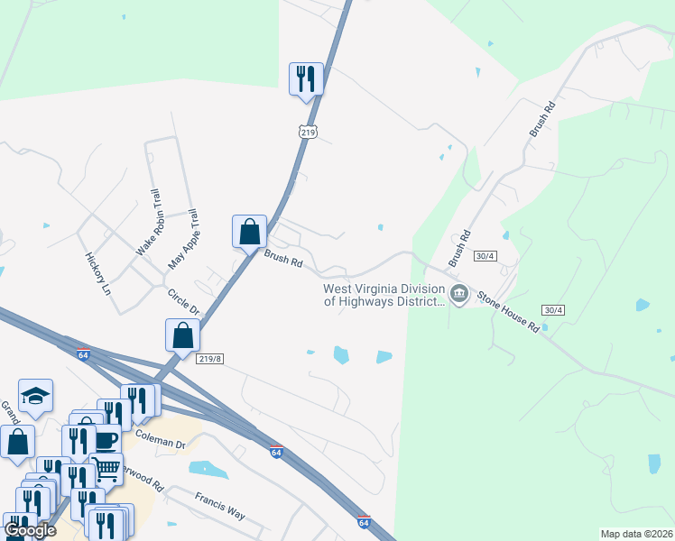 map of restaurants, bars, coffee shops, grocery stores, and more near 331 Brush Road in Lewisburg