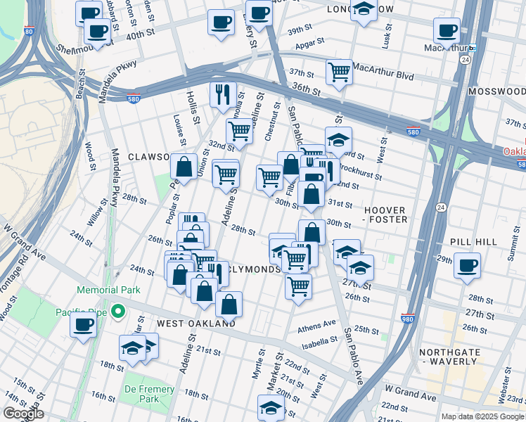 map of restaurants, bars, coffee shops, grocery stores, and more near 2907 Linden Street in Oakland