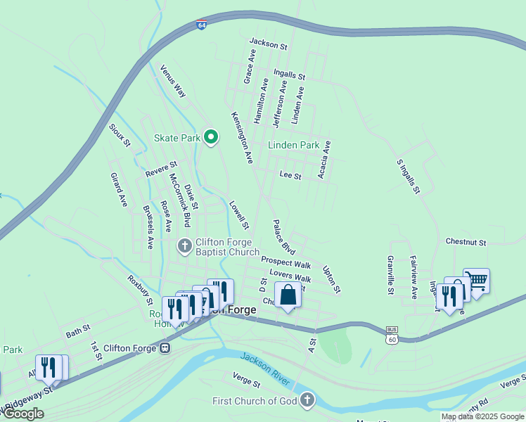 map of restaurants, bars, coffee shops, grocery stores, and more near 702 Jefferson Avenue in Clifton Forge
