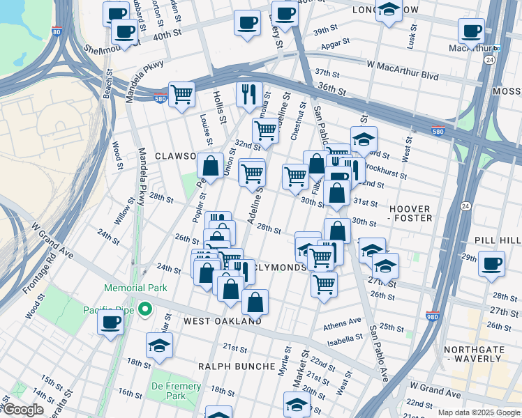 map of restaurants, bars, coffee shops, grocery stores, and more near 2842 Adeline Street in Oakland