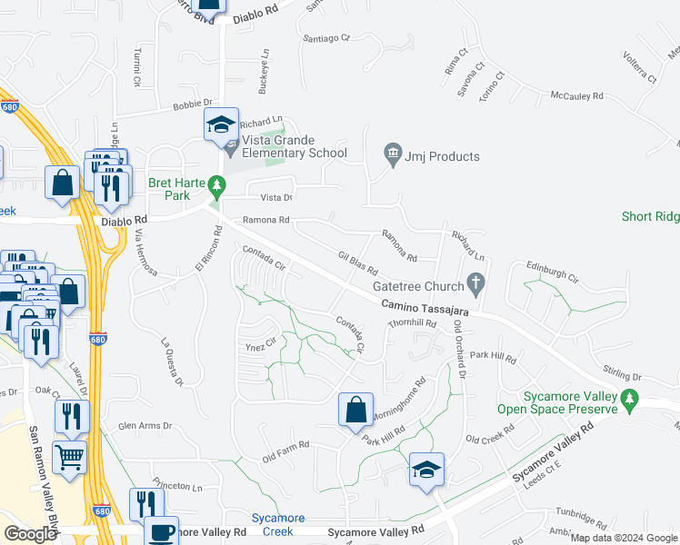 map of restaurants, bars, coffee shops, grocery stores, and more near 1291 Camino Tassajara in Danville