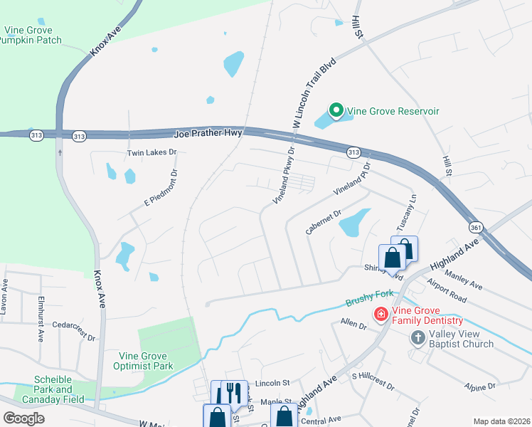 map of restaurants, bars, coffee shops, grocery stores, and more near 134 Vineland Parkway Drive in Vine Grove