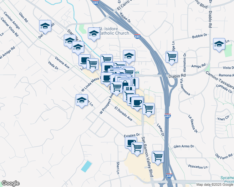 map of restaurants, bars, coffee shops, grocery stores, and more near 200 Railroad Avenue in Danville