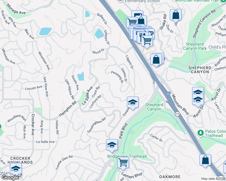 map of restaurants, bars, coffee shops, grocery stores, and more near 99 Somerset Road in Piedmont