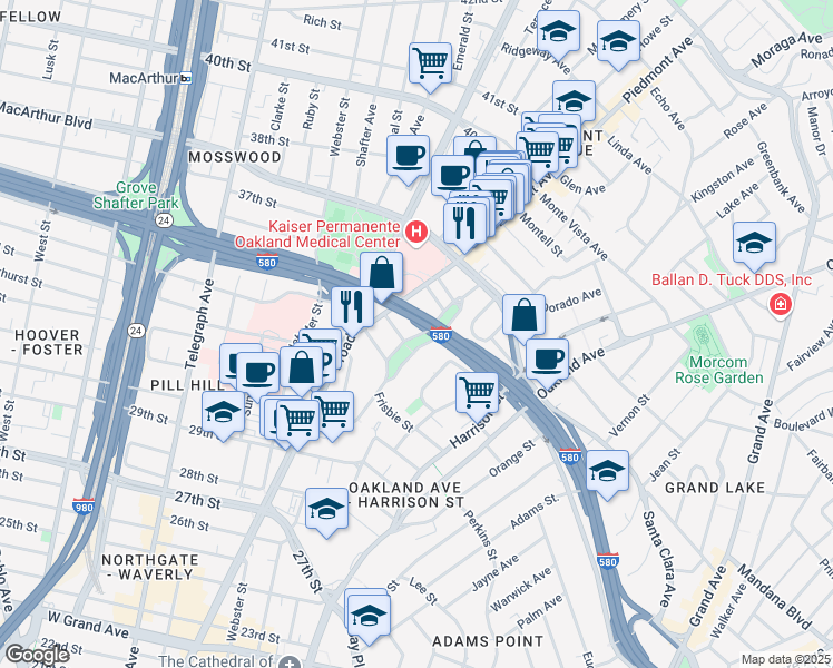 map of restaurants, bars, coffee shops, grocery stores, and more near 3458 Richmond Boulevard in Oakland