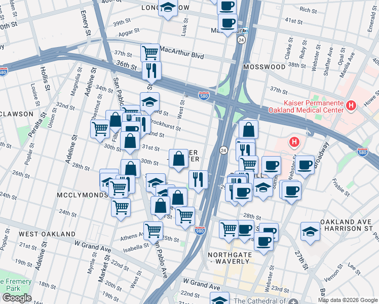 map of restaurants, bars, coffee shops, grocery stores, and more near 714 31st Street in Oakland