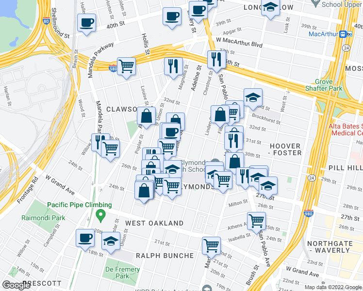 map of restaurants, bars, coffee shops, grocery stores, and more near 2842 Adeline Street in Oakland