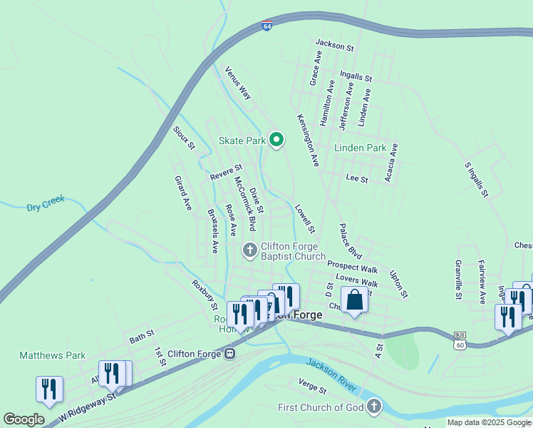 map of restaurants, bars, coffee shops, grocery stores, and more near 501 Clay Street in Clifton Forge