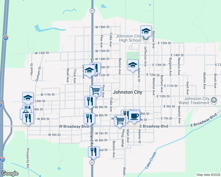 map of restaurants, bars, coffee shops, grocery stores, and more near 300-398 West 11th Street in Johnston City