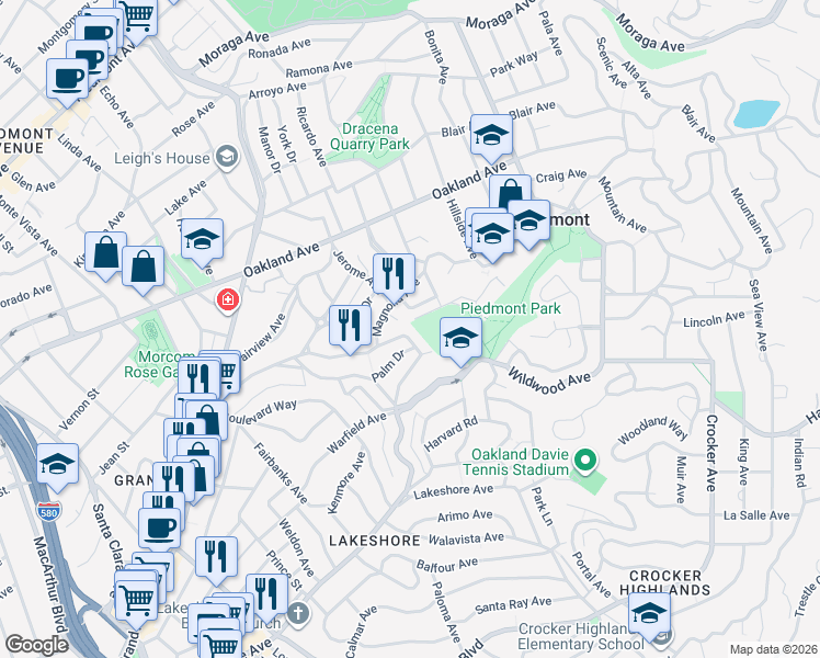 map of restaurants, bars, coffee shops, grocery stores, and more near 245 Park View Avenue in Piedmont