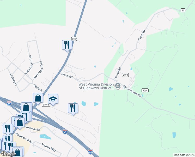 map of restaurants, bars, coffee shops, grocery stores, and more near 457 Brush Road in Lewisburg