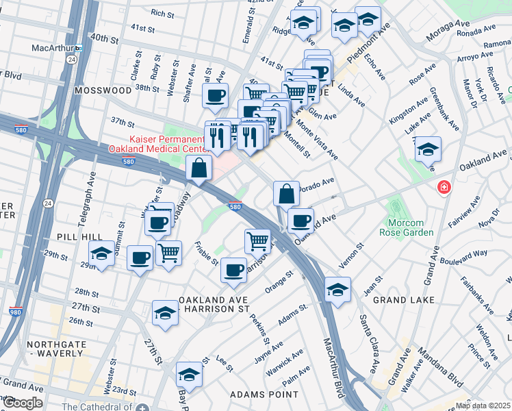 map of restaurants, bars, coffee shops, grocery stores, and more near 3516 Kempton Way in Oakland