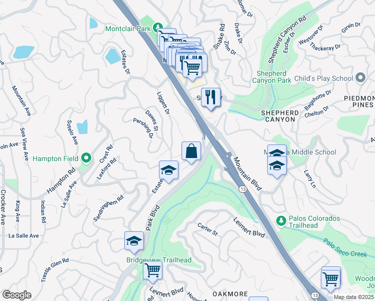map of restaurants, bars, coffee shops, grocery stores, and more near 6768 Sims Drive in Oakland