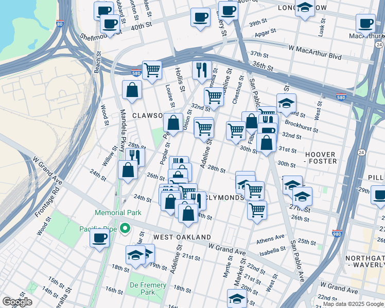 map of restaurants, bars, coffee shops, grocery stores, and more near 2824 Magnolia Street in Oakland