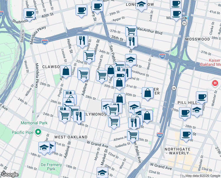 map of restaurants, bars, coffee shops, grocery stores, and more near 2933 Filbert Street in Oakland