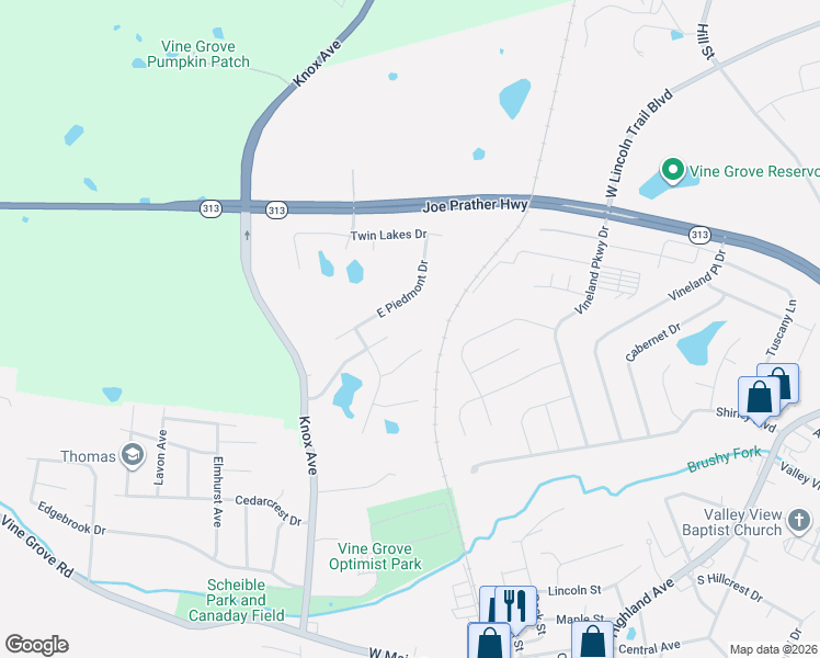 map of restaurants, bars, coffee shops, grocery stores, and more near Willow Crossing Court in Vine Grove
