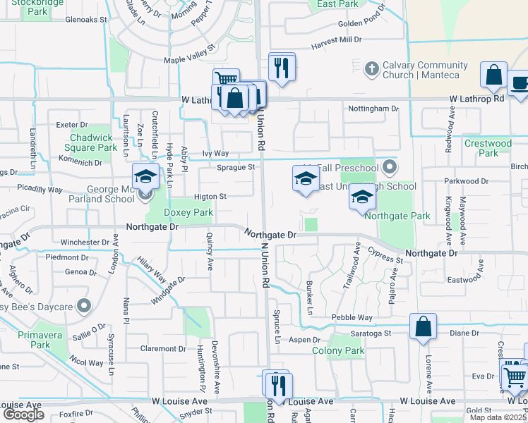 map of restaurants, bars, coffee shops, grocery stores, and more near 1700 North Union Road in Manteca