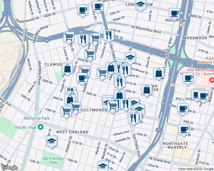 map of restaurants, bars, coffee shops, grocery stores, and more near 2933 Filbert Street in Oakland
