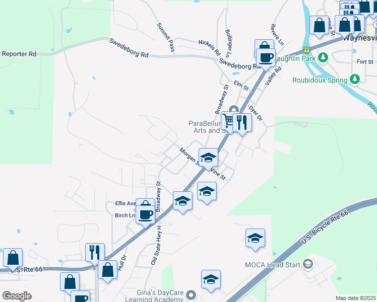 map of restaurants, bars, coffee shops, grocery stores, and more near 801 Broadway Street in Waynesville