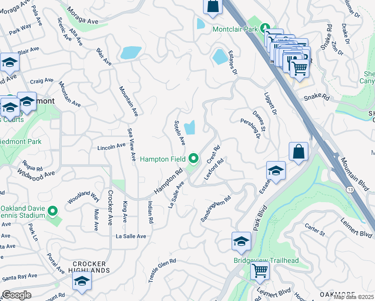 map of restaurants, bars, coffee shops, grocery stores, and more near 12 Sotelo Avenue in Piedmont