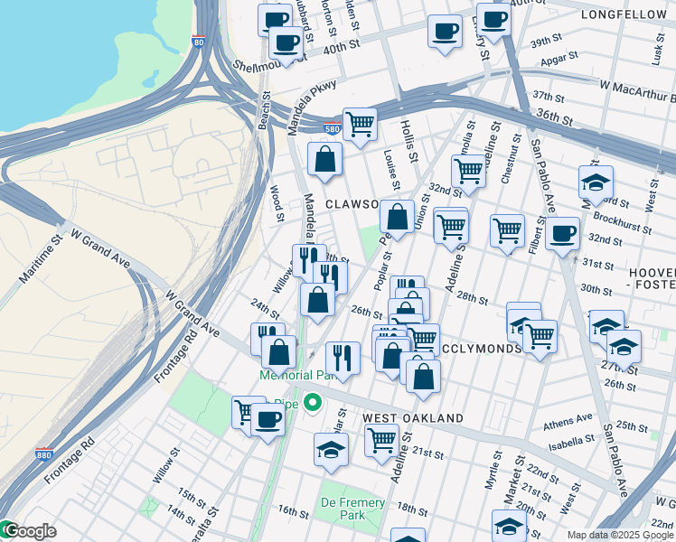 map of restaurants, bars, coffee shops, grocery stores, and more near 1649 28th Street in Oakland