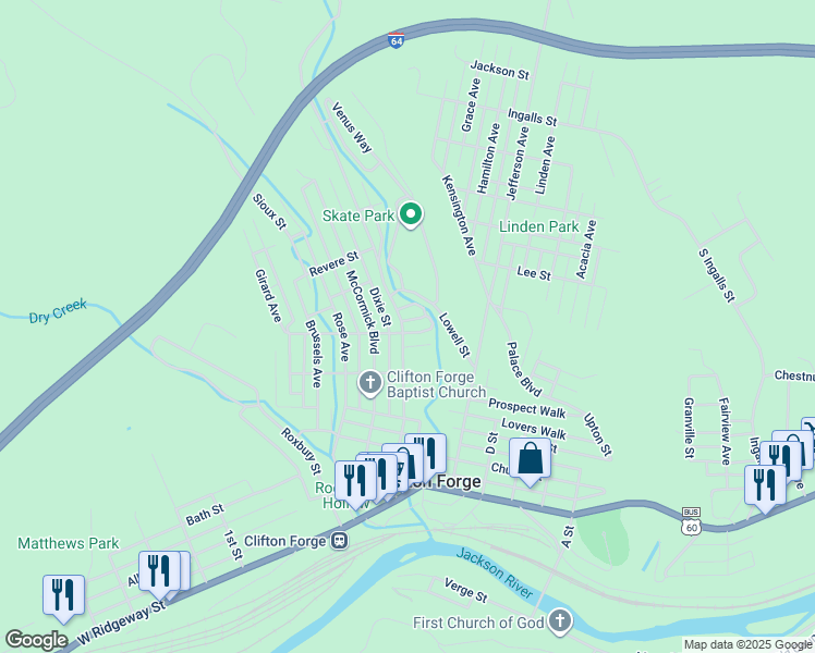 map of restaurants, bars, coffee shops, grocery stores, and more near 501 Clay Street in Clifton Forge
