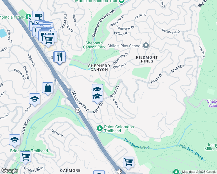 map of restaurants, bars, coffee shops, grocery stores, and more near 5691 Chelton Drive in Oakland