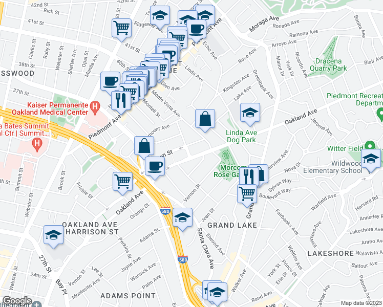 map of restaurants, bars, coffee shops, grocery stores, and more near 655 Oakland Avenue in Oakland