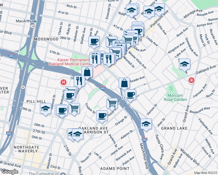 map of restaurants, bars, coffee shops, grocery stores, and more near 3516 Kempton Way in Oakland