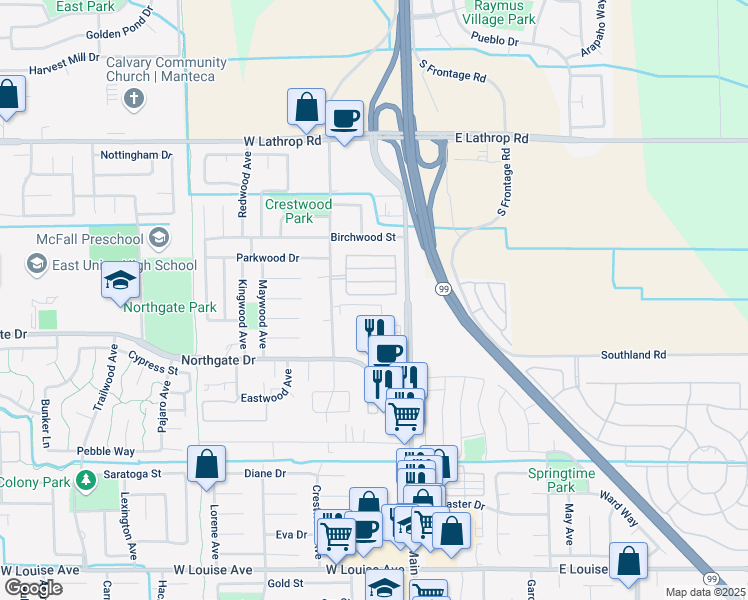 map of restaurants, bars, coffee shops, grocery stores, and more near 186 Ravenstone Way in Manteca