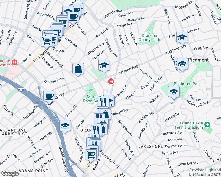 map of restaurants, bars, coffee shops, grocery stores, and more near 1339 Grand Avenue in Piedmont