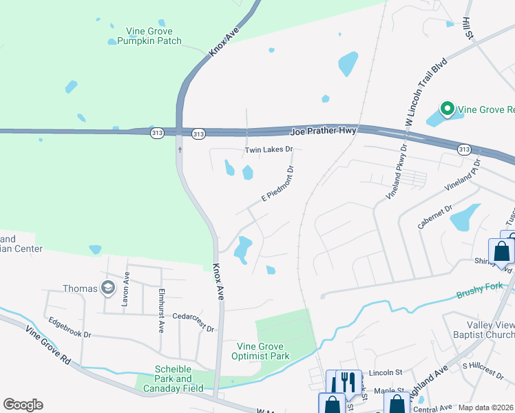 map of restaurants, bars, coffee shops, grocery stores, and more near 119 Victory Lake Drive in Vine Grove