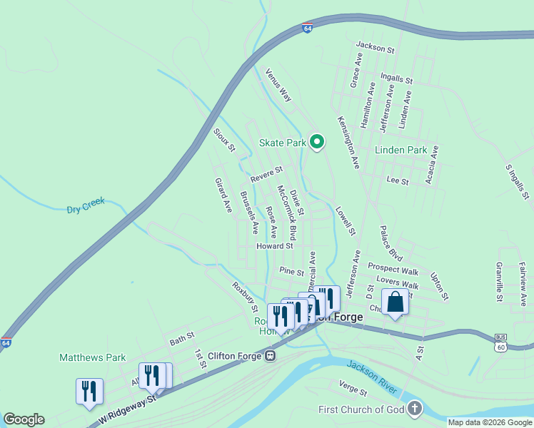 map of restaurants, bars, coffee shops, grocery stores, and more near 709 Rose Avenue in Clifton Forge