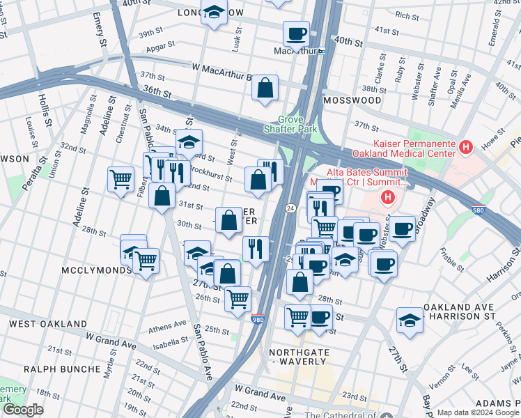 map of restaurants, bars, coffee shops, grocery stores, and more near 3115 Martin Luther King Junior Way in Oakland