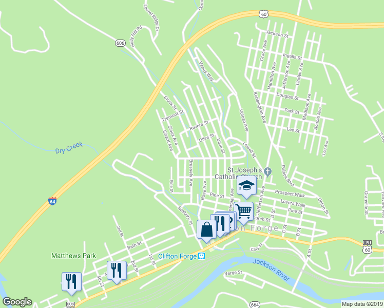 map of restaurants, bars, coffee shops, grocery stores, and more near Lafayette Street in Clifton Forge